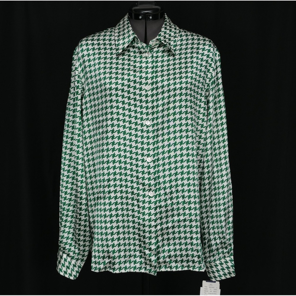 VTG Pendleton Houndstooth 100% Silk Button Down Blouse Size 10 Green White NWT